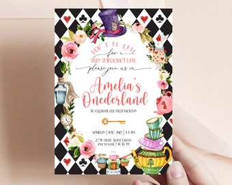 May include: A black and white chequered background with a whimsical Alice in Wonderland themed party invitation. The invitation features a floral wreath with a Mad Hatter hat, a white rabbit, a teapot, and a clock. The text reads "Don't be late for a very important date, please join us in Amelia's Onederland to celebrate her first birthday."