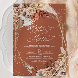 Terracotta Wedding Invitation Template, Fall Autumn Wedding Invitation, Autumn Leaves, Pampas grass Wedding Invitation, Rust Color