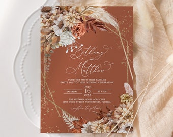 Terrakotta Hochzeitseinladung Vorlage, Herbst Herbst Hochzeitseinladung, Herbstlaub, Pampasgras Hochzeitseinladung, Rost Farbe