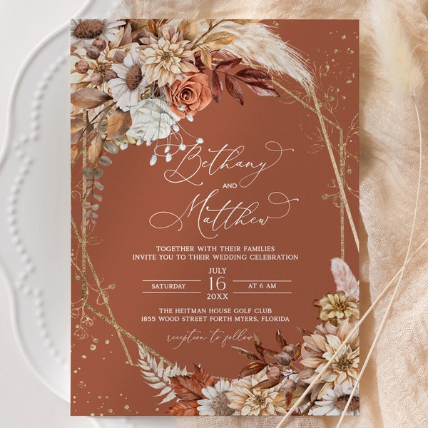 Terracotta Wedding Invitation Template, Fall Autumn Wedding Invitation, Autumn Leaves, Pampas grass Wedding Invitation, Rust Color