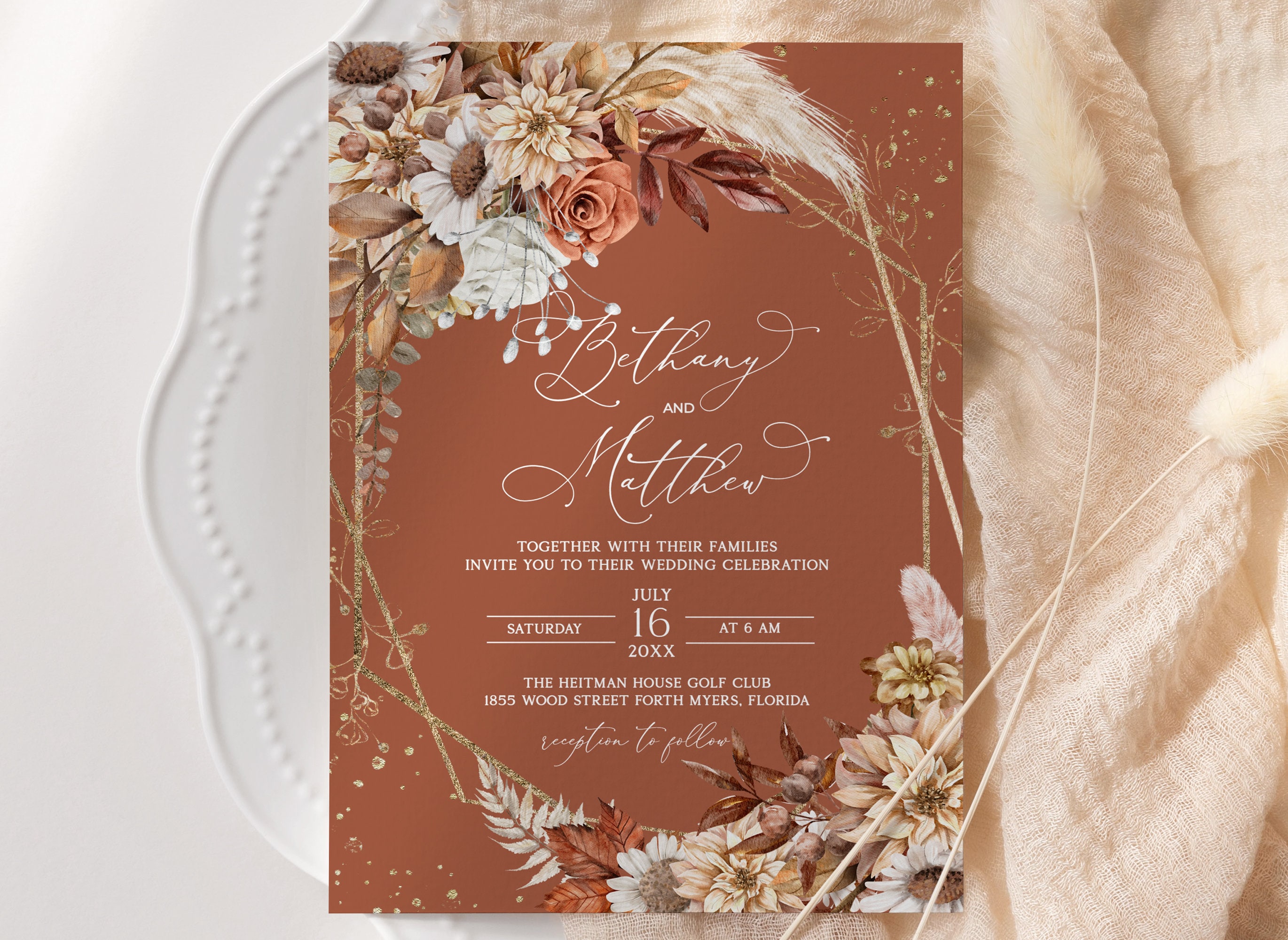 Plantilla de invitación de boda de terracota, invitación de boda de otoño  otoño, hojas de otoño, invitación de boda de hierba de pampas, color óxido  - Etsy México, image size:2740x2000