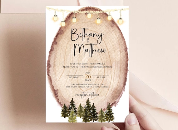 Forest Wedding Invitation, Wood Slice Invitation, Rustic Invite, Woodland Invitation, Country Barn Wedding, Invitation Nature, Tree Slice