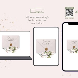 May include: Digital invitation design displayed on a laptop, tablet, and smartphone. Each device shows a cream-colored envelope with the words "You are invited" and floral accents. The design is fully responsive.