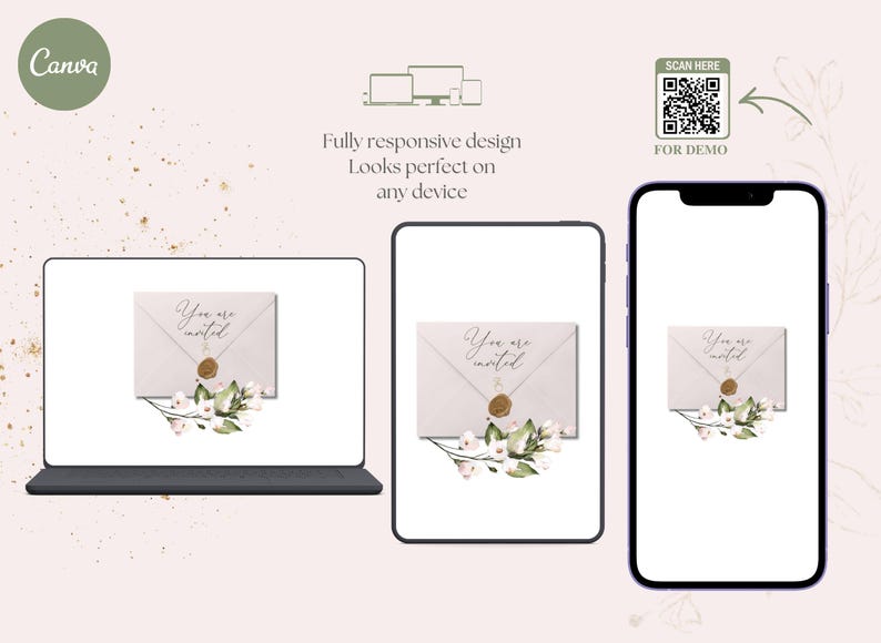 May include: Digital invitation design displayed on a laptop, tablet, and smartphone. Each device shows a cream-colored envelope with the words "You are invited" and floral accents. The design is fully responsive.