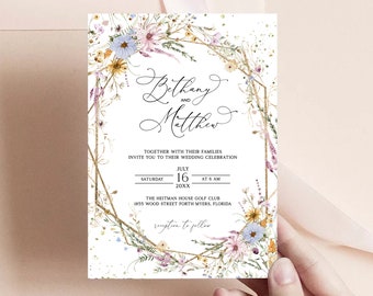 Spring Wedding Invitation, Wild flowers invitation template, Spring Flowers, Spring Wedding, delicate flowers, wild flowers, Gold Flakes