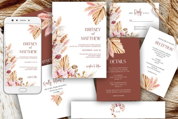 Pampas Terracotta Wedding Invitation, Boho Invitation Set, Envelope Belly Band, Printable Invite Kit, Desert Rustic, Editable RSVP, Floral