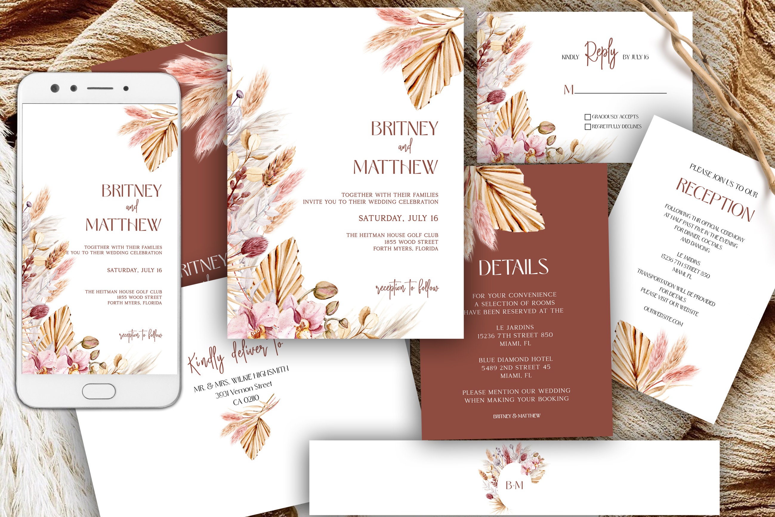 Pampas Terracotta Wedding Invitation Boho Invitation Set Envelope Belly Band Printable Invite Kit Desert Rustic Editable RSVP