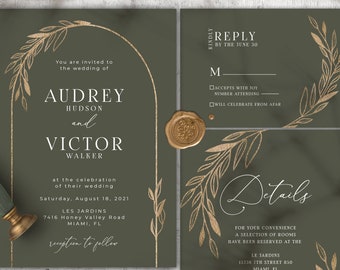 Boho Wedding Invitation Template, Green Wedding Invite, Boho Wedding Invite, RSVP Template, Program, Details, Program, Thank you