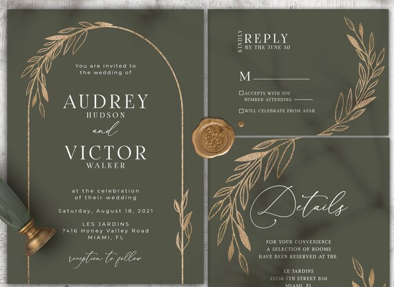 Boho Wedding Invitation Template, Green Wedding Invite, Boho