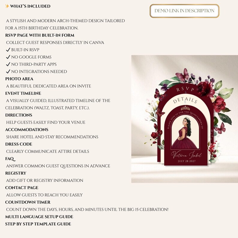Burgundy Arch Quinceañera Website Template, Mis Quince Años Digital Invitation, Trackable RSVP, Elegant, Butterflies, Floral, Debut, Bundle