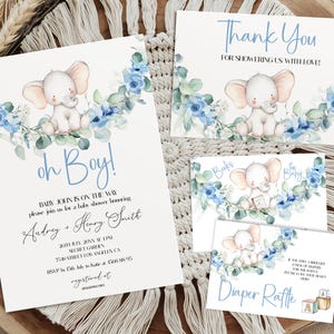 Elephant Baby Shower Invitation Set, Baby Boy, Boho Elephant Baby Boy, Boy Elephant Invite, Elephant baby Boy Shower, Dusty Blue Elephant