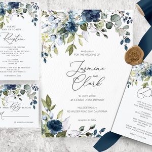 Suíte de convite de casamento azul marinho, pacote de rosas azuis, conjunto de casamento azul marinho, azul e verde, convite marinho e dourado, editável, para impressão,