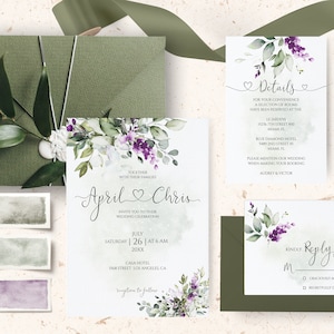 Grüne Hochzeitseinladung, Lavendel Aquarell Grüne Hochzeit einladen, lila Einladung, Salbei grüne Hochzeit, lila Blumen einladen