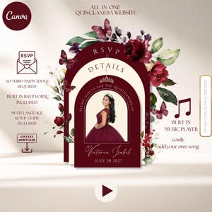 May include: A digital quinceañera website template with a burgundy and cream color scheme. The design includes a photo of a young woman, floral accents, and the text "RSVP Details." Features include a built-in music player and instant download.