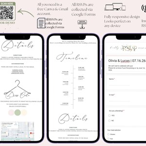 May include: Three smartphone screens displaying wedding details. The first screen shows details, dress code, and a map. The second screen displays a wedding timeline. The third screen is an RSVP form. The Canva logo and a QR code are in the upper left.