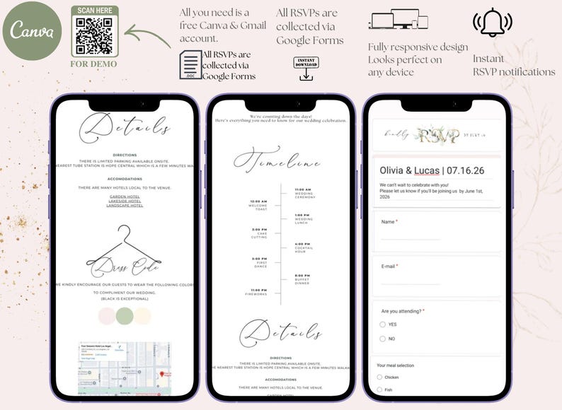 May include: Three smartphone screens displaying wedding details. The first screen shows details, dress code, and a map. The second screen displays a wedding timeline. The third screen is an RSVP form. The Canva logo and a QR code are in the upper left.