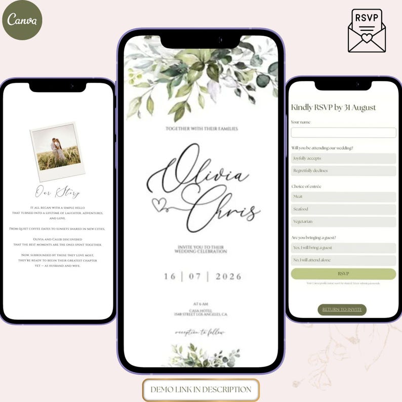 Greenery Canva Wedding Website Template with Trackable RSVP Link, Clickable RSVP, Canva Website Template, Countdown, Details, Multilingual, Opening Envelope, Wax Seal