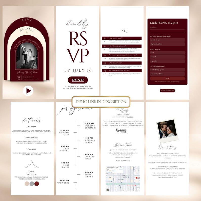 Burgundy Wedding Website Template, Trackable RSVP, Canva (Digital Download), Arch Invites, Old Money Website, Add Music, Burgundy and Cream