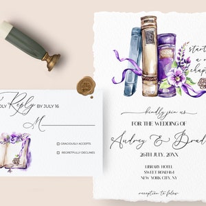 Hochzeitseinladung mit Buch-Thema, Literaturbuch-Einladung, Buch-Thema-Hochzeit, Literaturbuch-Einladung, Bibliothek-Hochzeits-Einladung, lila