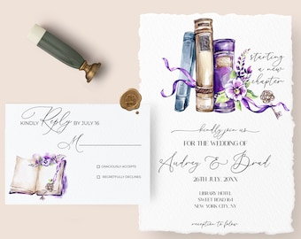 Book Themed Wedding Invitation Template, Literary Book Invite, Book Theme Wedding, Literary Book Invite, Library Wedding Invitation, purple