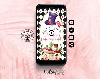 Modelo de convite de vídeo de aniversário, convite de aniversário animado, convite eletrônico de Alice no País das Maravilhas, 1º aniversário de Onederland, Mad Tea Party