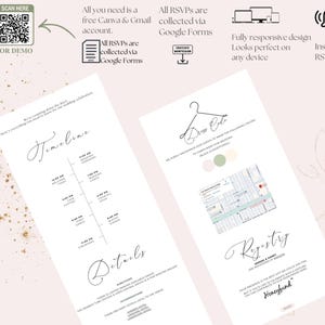 May include: Two white wedding invitation templates with elegant script text. One displays a timeline, the other a map and registry details. Additional text includes "Canva" and "Scan Here" with a QR code, plus icons.