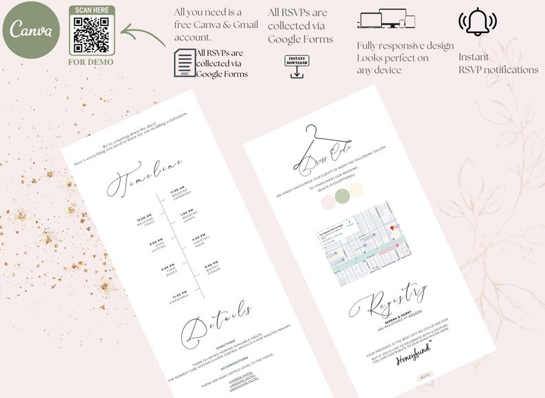 May include: Two white wedding invitation templates with elegant script text. One displays a timeline, the other a map and registry details. Additional text includes "Canva" and "Scan Here" with a QR code, plus icons.