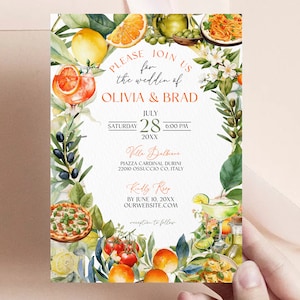 Watercolor Italy Wedding Invitation Template, Italy Save the Date, Destination Wedding, Lemon Flowers, Sicily Tuscany Florence Provence
