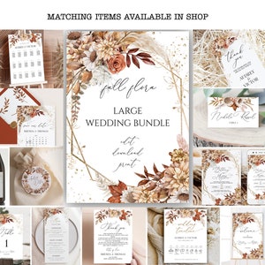 May include: A large wedding bundle with a fall floral theme. The bundle includes a variety of printable items, such as invitations, save the dates, thank you cards, and more. The items are decorated with a beautiful floral design in shades of brown, orange, and white.