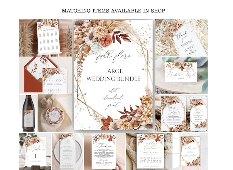 May include: A large wedding bundle with a fall floral theme. The bundle includes a variety of printable items, such as invitations, save the dates, thank you cards, and more. The items are decorated with a beautiful floral design in shades of brown, orange, and white.