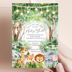 Wald Babyparty Einladung Vorlage, niedliche Waldtiere, grüne Waldtiere Babyparty einladen, geschlechtsneutral, druckbar