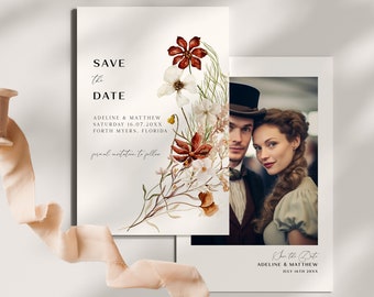 Fall Save The Date Template, Photo Save the Date, Autumn Save the Date, Terracotta Flowers, Boho Chic, Elegant, Minimalistic, Editable