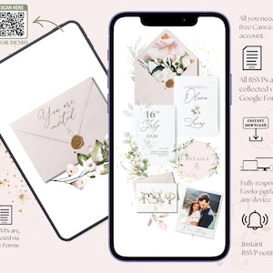 May include: A digital wedding invitation design displayed on a smartphone and tablet. The design features floral accents, an RSVP card, and a photo. The text includes "You are invited", "16th July 2026", and "Olivia & Lucas".