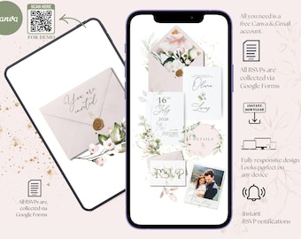 Canva Wedding Website Template with Trackable RSVP Link, Clickable RSVP Form, Canva Website Template, Dusty Pink Wedding Invitation