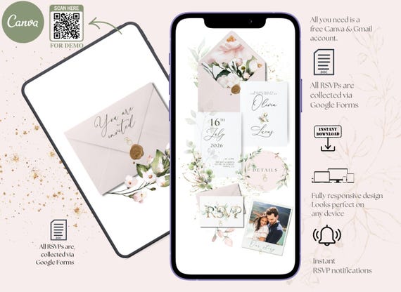 Canva Wedding Website Template with Trackable RSVP Link, Clickable RSVP Form, Canva Website Template, Dusty Pink Wedding Invitation