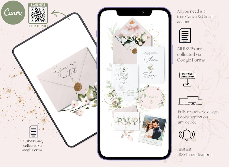 May include: A digital wedding invitation design displayed on a smartphone and tablet. The design features floral accents, an RSVP card, and a photo. The text includes "You are invited", "16th July 2026", and "Olivia & Lucas".