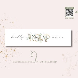 May include: A white banner with the text "Kindly RSVP by July 16". The letters "RSVP" are in gold with floral accents. A QR code and the words "Scan Here For Demo" are in the upper right corner. The background is light pink with gold flecks.