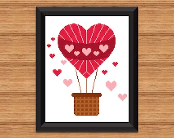 Heart Hot Air Balloon Cross Stitch Pattern: Valentine's Day (Digital Download)