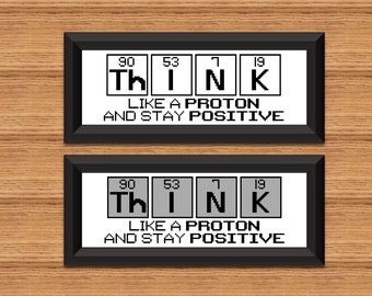 Inspirational Cross Stitch Pattern - Think Like a Proton and Stay Positive - Periodic Table - Chemical Elements