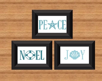 Peace, Joy, Noel Coastal Beachy Christmas Cross Stitch - Digital Download
