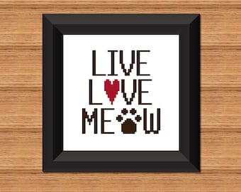 Live Love Meow Cat Cross Stitch Pattern (Digital Download)