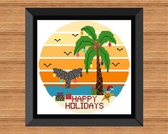 Beachy Christmas Cross Stitch Pattern: Palm Tree, Whale (Digital Download)