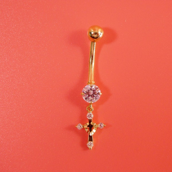 14k real solid yellow gold dangling cross belly button ring piercing