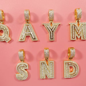 Sterling Silver Initial Pendant: 14K Gold Tone Baguette, Miami Chain