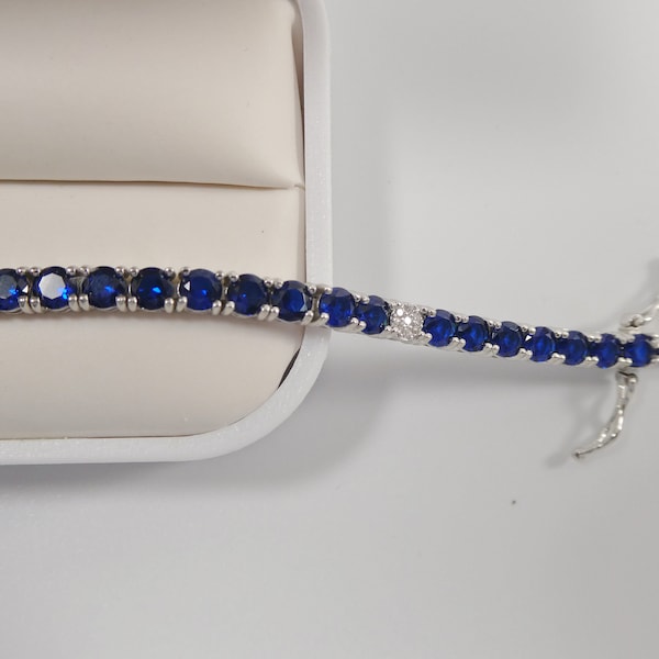 Real 925 sterling silver sapphire spinel tennis bracelet box lock clasp