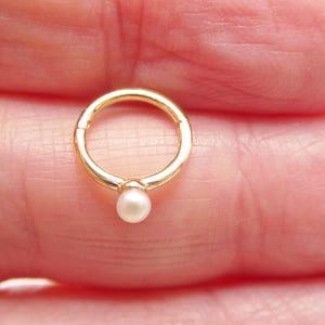 May include: A gold hoop earring with a small white pearl dangling from the bottom.