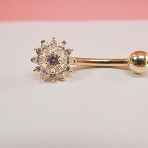 14k real solid yellow gold flower belly button ring piercing