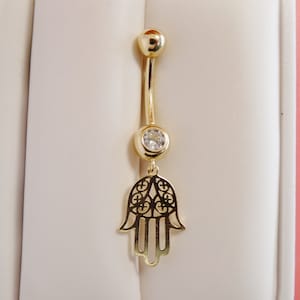 14k real solid yellow gold dangling hamsa hand belly button ring piercing