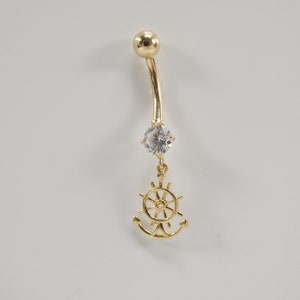 14k real solid yellow gold dangling steering wheel anchor belly button ring piercing