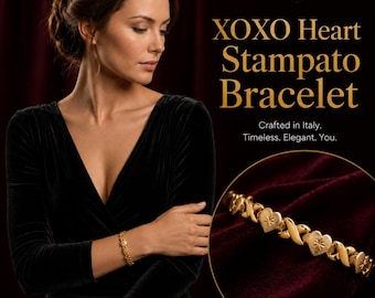 May include: A gold-toned Stampato bracelet featuring a repeating pattern of XOXO links and heart-shaped links with a starburst engraving. The text XOXO Heart Stampato Bracelet is visible alongside the Milanoki Jewelry logo on a dark background.
